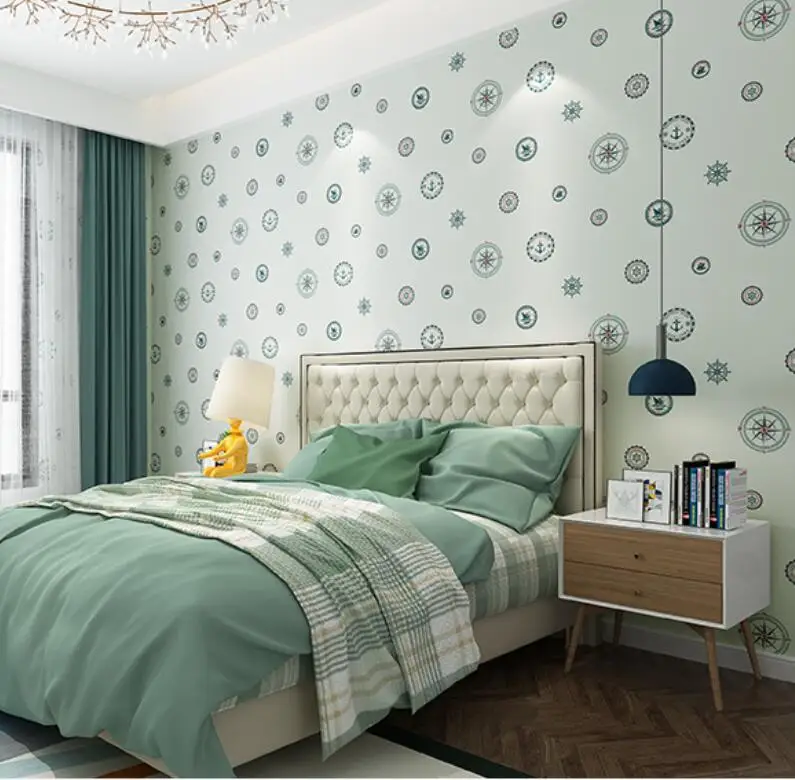 Light green 003 Обои с рисунком парусника, компаса, для маленьких мальчиков, спальни, в полоску, обои, водонепроницаемые, ПВХ, самоклеющиеся обои, домашний декор, EZ261 - Цвет: Light green 003