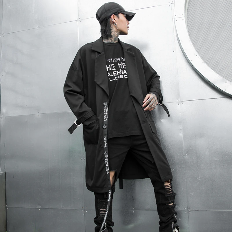

Hip hop mens woolen trench coat Loose Black Punk stylish Winter