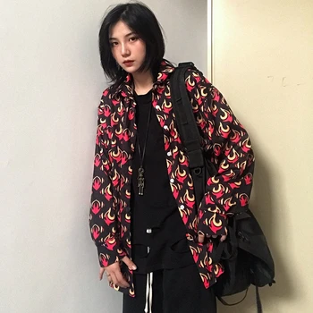 

Harajuku Flame Shirt Women Loose Lapel Long Sleeve Shirt Cartoon Flame Print Shirt Oversize Shirt Female Blouse Student Shirts