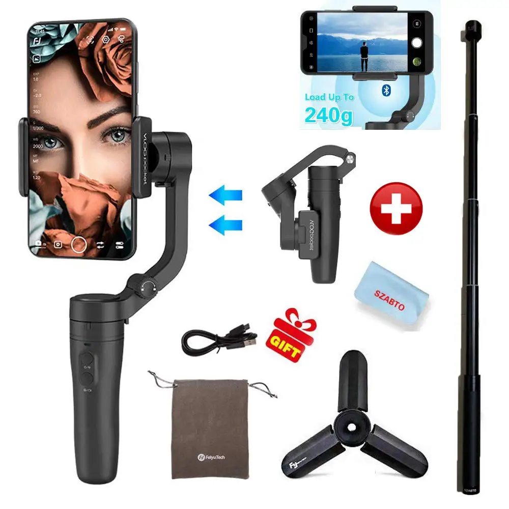 with Extension Rod FeiyuTech Vlog Карманный складной карданный 3-осевой смартфон сотовый телефон видеокамеры Стабилизатор для iPhone X 8 Plus Android samsung S9+ S9 - Цвет: with Extension Rod