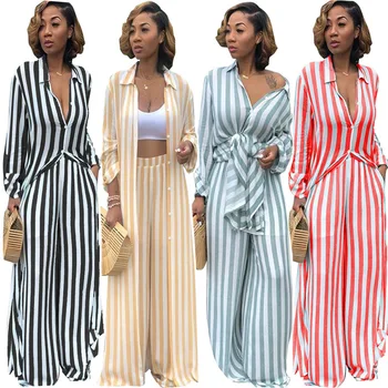 

Yellow Striped Women Two Piece Outfits Set Fall 2020 Plus Size Loose Long Shirt and Wide Leg Pants