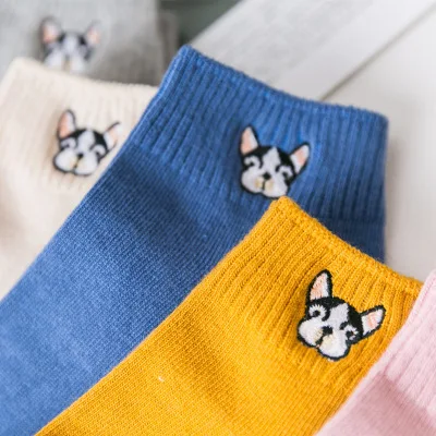 Новые милые носки с мультяшными животными, женские японские хлопковые носки, короткие носки с вышивкой в виде головы собаки, 7 пар/партия