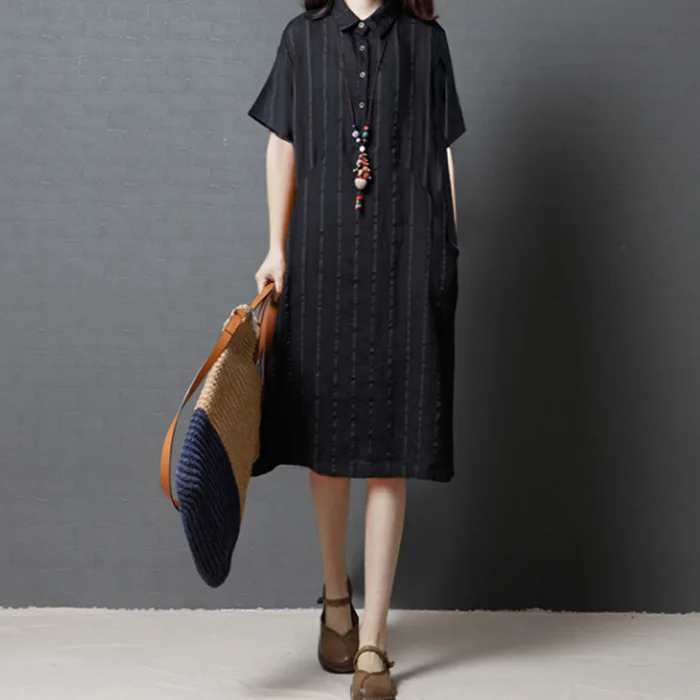 

2018 Korean-style Loose And Plus-sized WOMEN'S Dress Fashion Comfortable Stripes Flax Shirt Dress