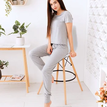 

HiLoc Pure Color Pjs Women Sets Autumn Pyjamas Short Sleeeve Two Piece Set Female Pajamas Set Round Neck Basic Home Wear Winter