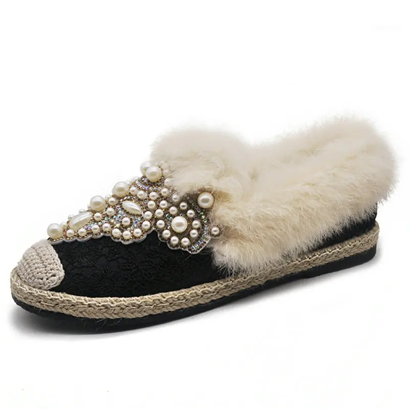 Black Flats HTUUA зимние плбшевые лоферы; Для женщин с меховая обувь на плоской платформе с жемчугом обувь без застежек на плоской подошве Женские Эспадрильи обувь женские мокасины, обувь S3465 - Цвет: Black Flats