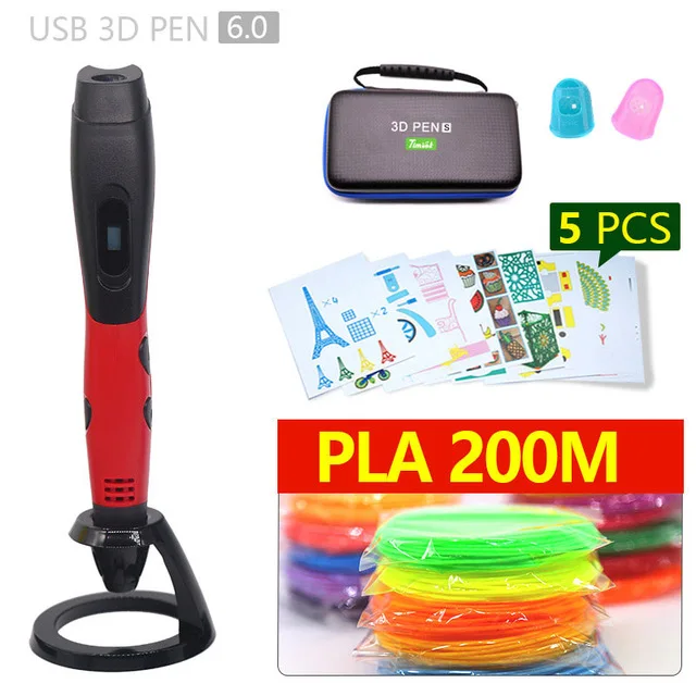 Аутентичные 3D Ручка 3d печати pen-3d 1,75 мм pla Синтетическая нить Рождественские подарки+ Бесплатные покраска рисунки+ 5 v 2A usb адаптер - Цвет: Red pen  PLA200m