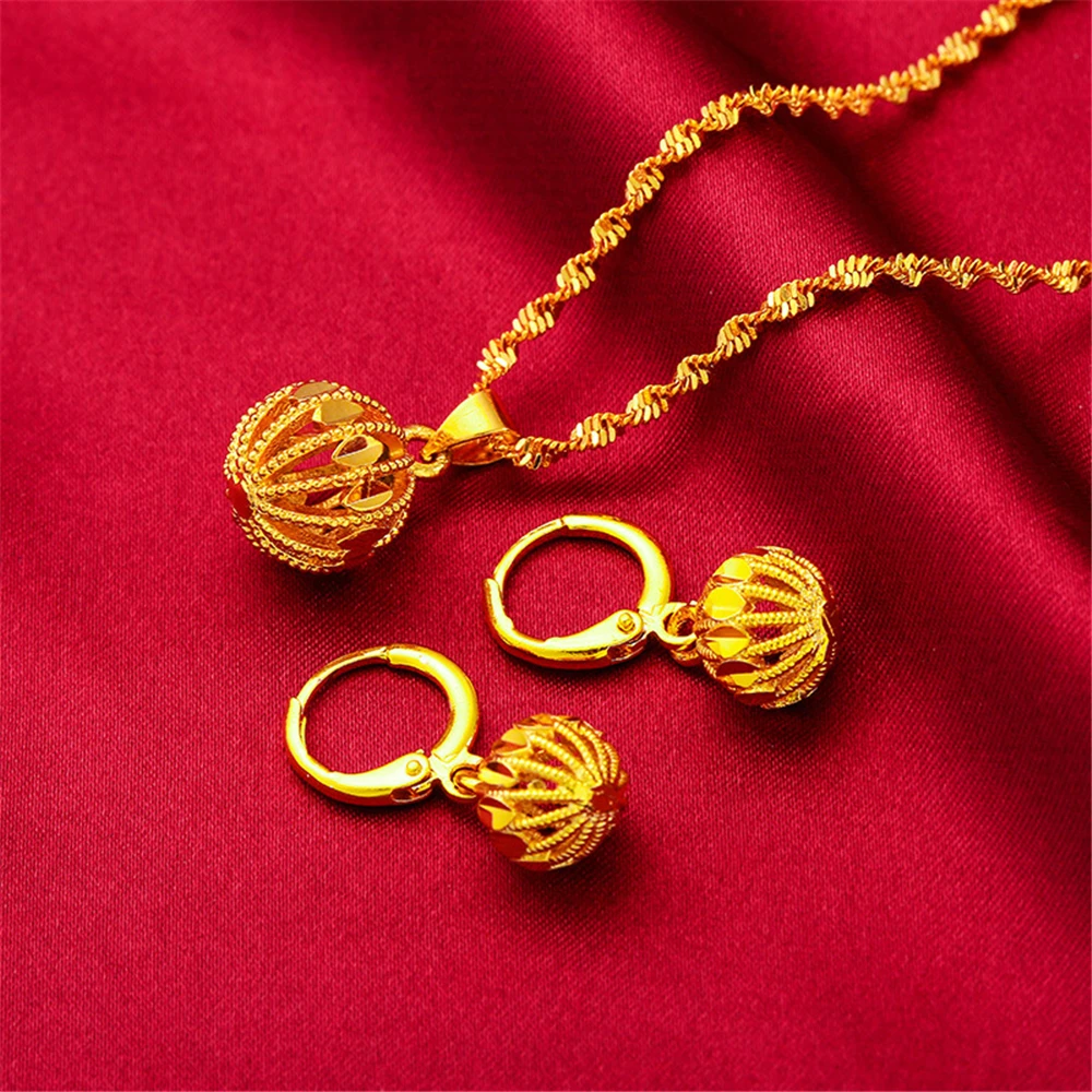 24K Yellow Gold Jewelry Sets For Women Hollow Ball Bead Pendant Necklace Earrings 2 pcs Wedding Jewelry Set Accessories Bijoux