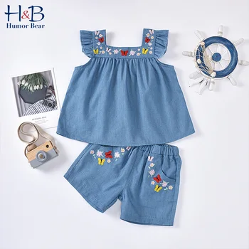 

Humor Bear Children's Girls Clothes Sets Butterfly Flower Embroidered Flying Sleeve Top Embroidered Open Bag Children's Suit