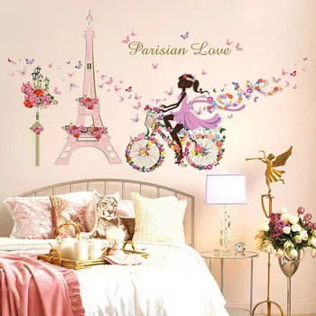 

Romantic Paris Wall Sticker For Kids Rooms Eiffel Tower Flower Butterfly Fairy Girl Riding Wall Art Decal Home Decor Mural