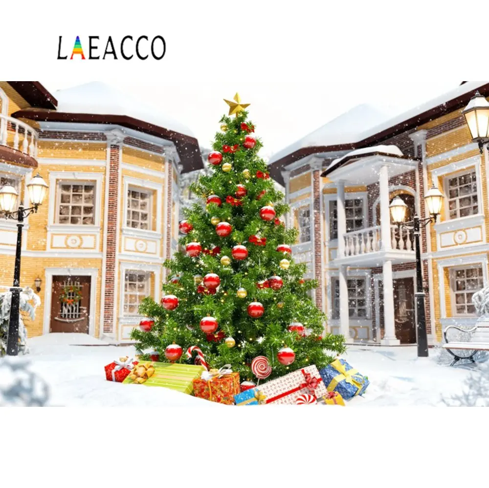 

Laeacco Winter Snow Town House Square Christmas Tree Gift Portrait Photo Backdrop Photography Backgrounds Photocall Photo Studio