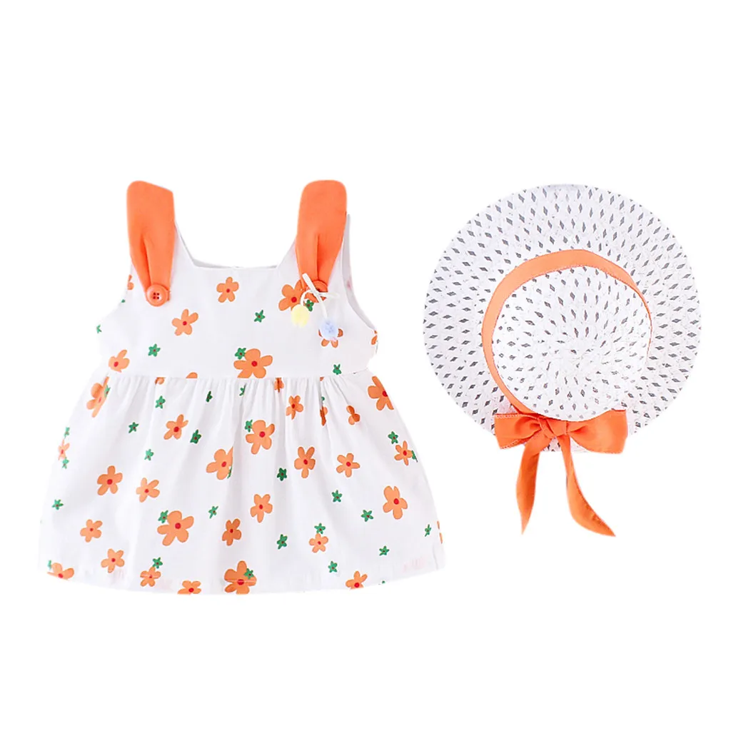 

(6M-3T) Children Sleeveless Rabbit Ear Floral Floral Dress + Hat Suit Summer Cool Beach Dress Suit   ropa S4