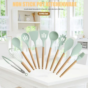 

Wooden Silicone Kitchen Utensil Nonstick Utensils Cooking Tool Spoon Soup Ladle Turner Spatula Tong Cookware Baking Gadget