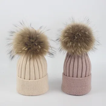

Dollplus 2019 Winter Hats for Kids Warm Pompom Baby Children Real Fur Ball Hat Fur Knitted Cap Girls Boys Warm Outdoor Ski Caps