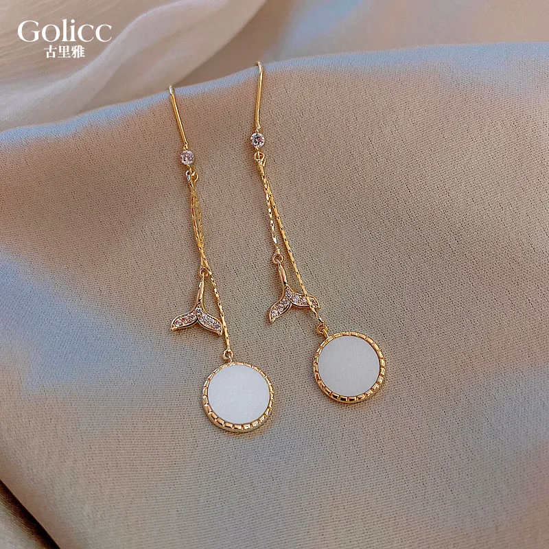 Yaologe Mermaid Tail White Round Card Gold Long Double Pendant Earrings 2020 Wedding Party Korean For Women Jewelry | Украшения и