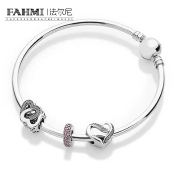 

2020 100% 925 Sterling Silver heart-shaped Lovers Jewelry Clear CZ Charm Bead fit Bracelets DIY Bangles Set factory wholesale