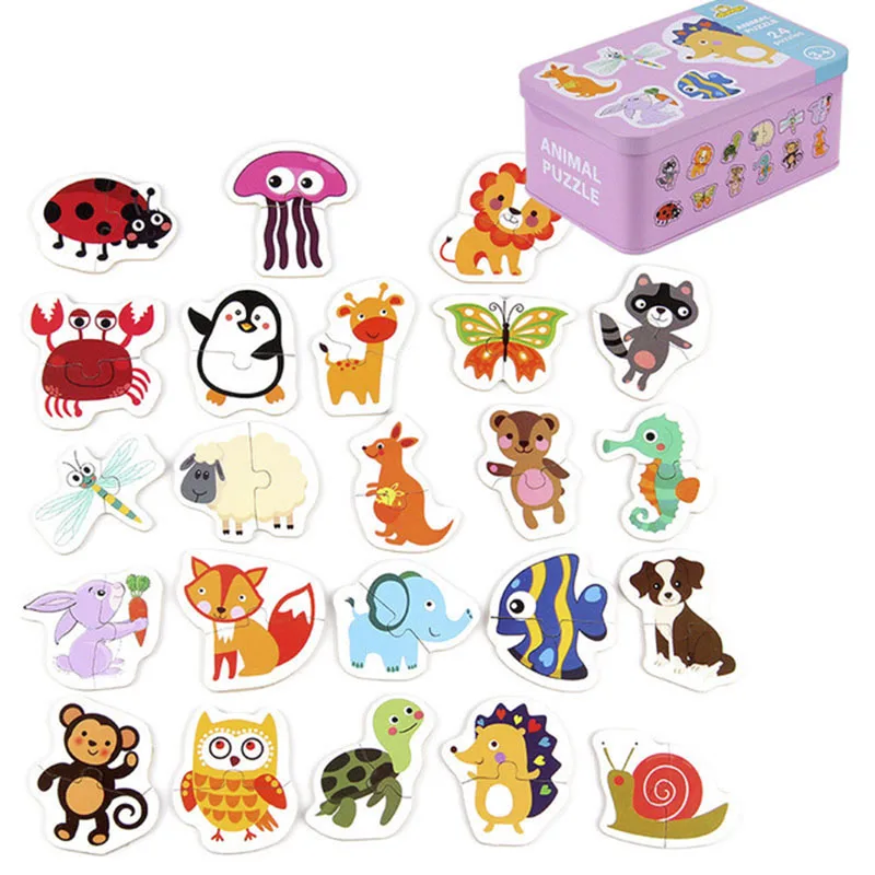 Wooden Learning Card Puzzles Toy Early Educational Toy Cartoon Traffic Animal Fruit With Iron Box Kids Cognitive Puzzle Baby Toy 8