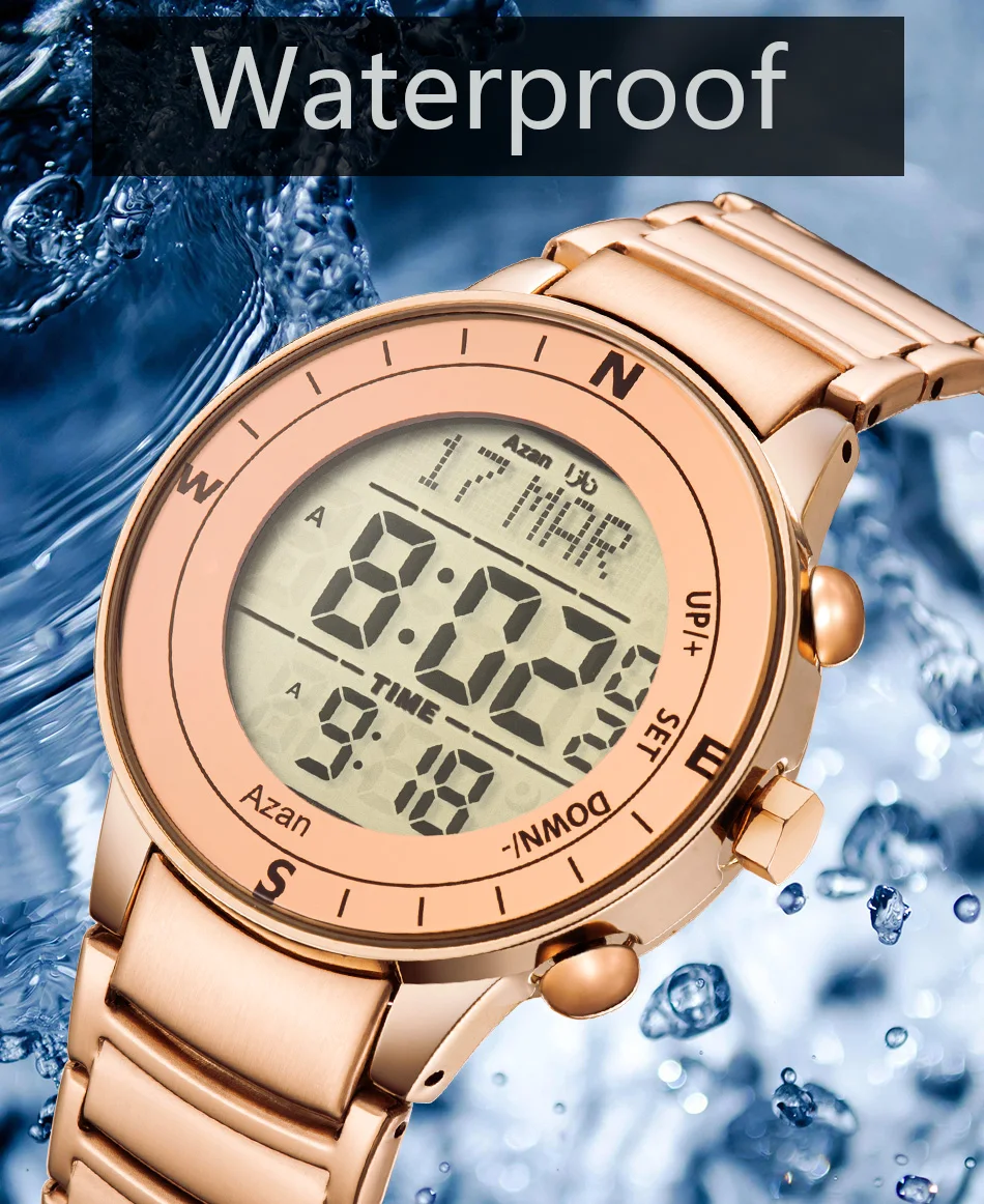 2021 new arrival Stainless Steel Digital Watches arabic Islamic Qibla Direction Al Azan Wrist Watch for Muslim Prayers