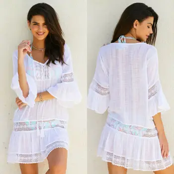 

Women Lace Cover Up Beachwear Swimwear Bikini Dress Summer Crochet Top Long Flare Sleeve Loose Baggy V Neck Hollow Out Vestidos