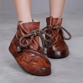 

Vintage Genuine Leather Ankle Boots Lace-up Round Toe Women Shoes Pleated Flat with 2020 New Retro Female Casual Platform Boots