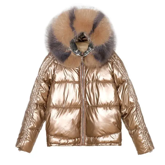 FTLZZ зимняя Глянцевая парка Женская водонепроницаемая куртка с меховым капюшоном свободная зимняя теплая Толстая Парка женская хлопковая куртка - Цвет: Золотой