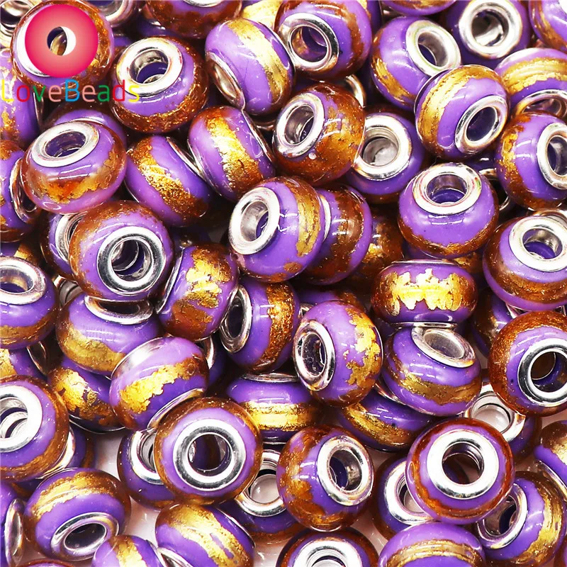 

10Pcs Gold Glitter Powder Colorful Big Hole Murano Beads Silver Plated fit Charms Bracelets Necklaces DIY Memnon Women Jewelry