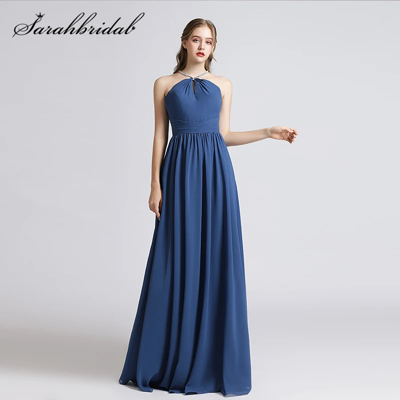 New 2021 Halter A Line Bridesmaids Dresses Floor Length Chiffon Backless Women Wedding Party Formal Maid Of Honor Gowns 5641