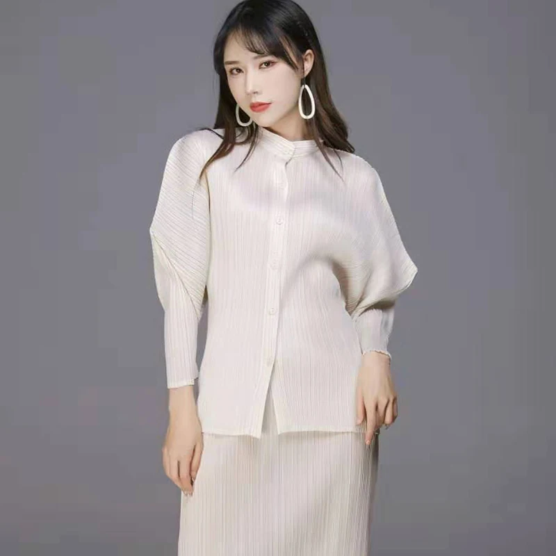 Changpleat, новинка, женские топы, блузка, базовая, Miyak, плиссированная, модная, однотонная, тонкая, однобортная, со стоячим воротником, женские рубашки, T90