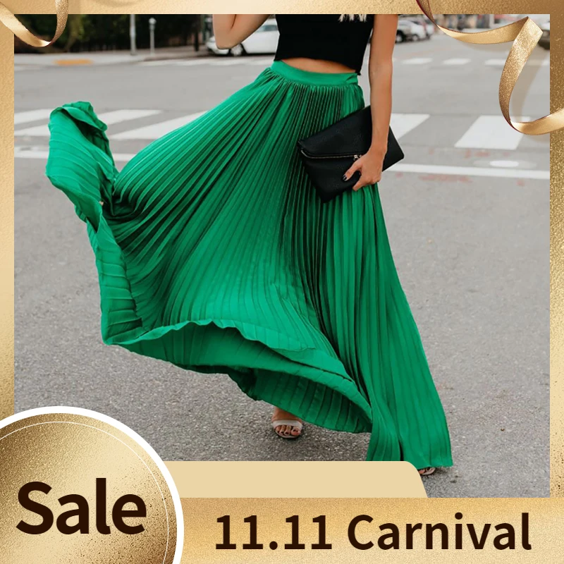 Price Bohemian Pleated Long Skirt New Lady Loose Soild High Waist Length Skirt All match Women Ankle Length Maxi Skirt Plus Size