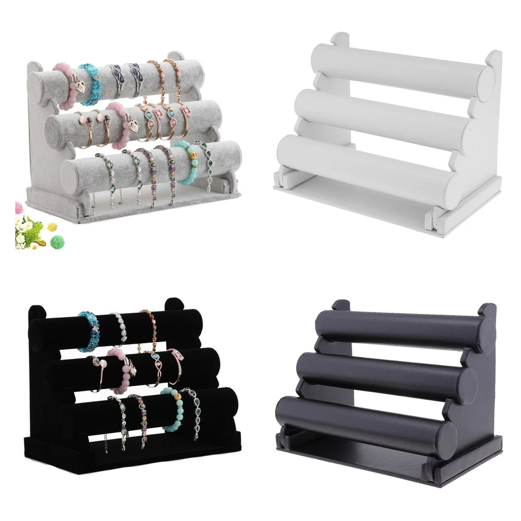 

3 Tier Jewelry Hard Display Stand Holder Bracelet Chain Bangle Watch T-bar 2 Colors