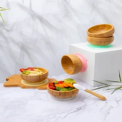 Assiette à dîner pour bébé, bol d'alimentation pour enfants, vaisselle en bois avec ventouse en Silicone, cuillère en bois 