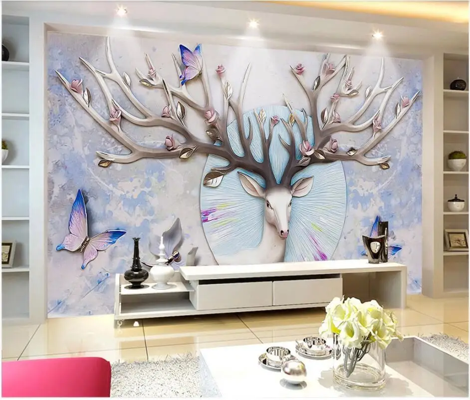 

WDBH Custom photo mural 3d wallpaper Deer embossed butterfly flowers home decor 3d wall mural wallpaper for living room