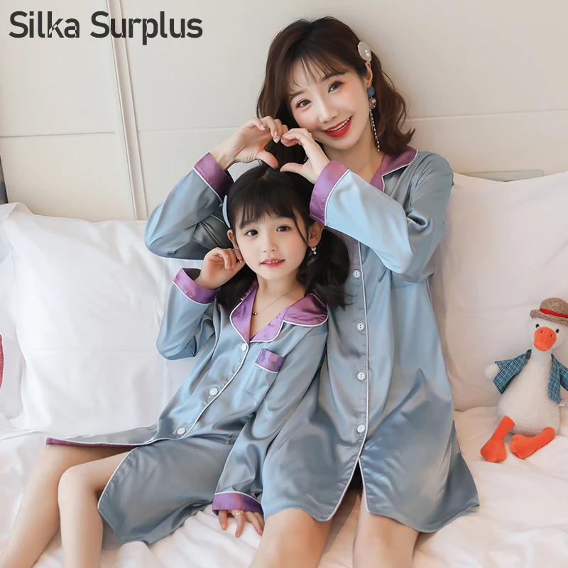 Silka Surplus/одежда для сна для родителей и детей Весенняя Домашняя одежда, одежда для сна с длинными рукавами Ночное платье с отложным воротником женское шелковое белье
