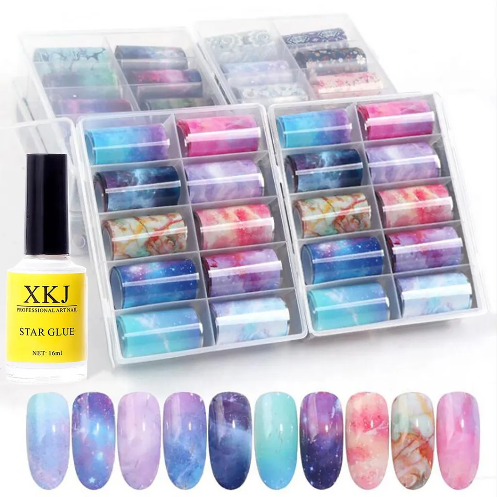 

Nail Transfer Foil 10 Colors Sticker For Nail Tip Decoration And Star Glue Set For Nail Art Decoration Manicure Designs