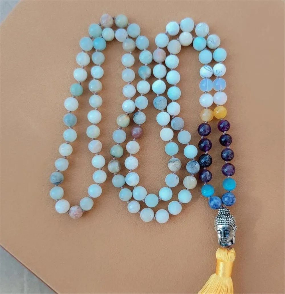 

8mm Amazonium 108 Beads Tassel Knotted Necklace Spirituality Chakra Healing Fancy Buddhism Wristband Bracelet Lucky Pray