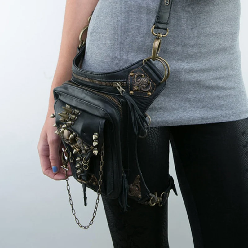

Motorcycle Equipment Leg Bag Stylish Designer Men Women Skull Rivet Punk Waist Bag Train Apparatus Cell Phone Belt Bag Cool
