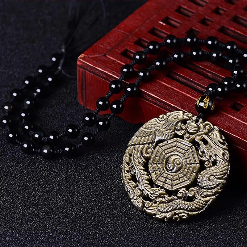 Natural Gold Obsidian Pendant Necklace Dragon Phoenix with Chain the Eight Trigrams Pendant Amulet Peace Mascot For Men/Women