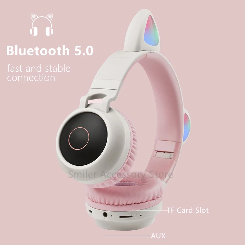 Bluetooth 5,0, беспроводные наушники, складные, для девочек, милый, светодиодный, кошачьи ушки, шумоподавление, FM радио, стерео, Hi-Fi гарнитура, микрофон, AUX Наушники