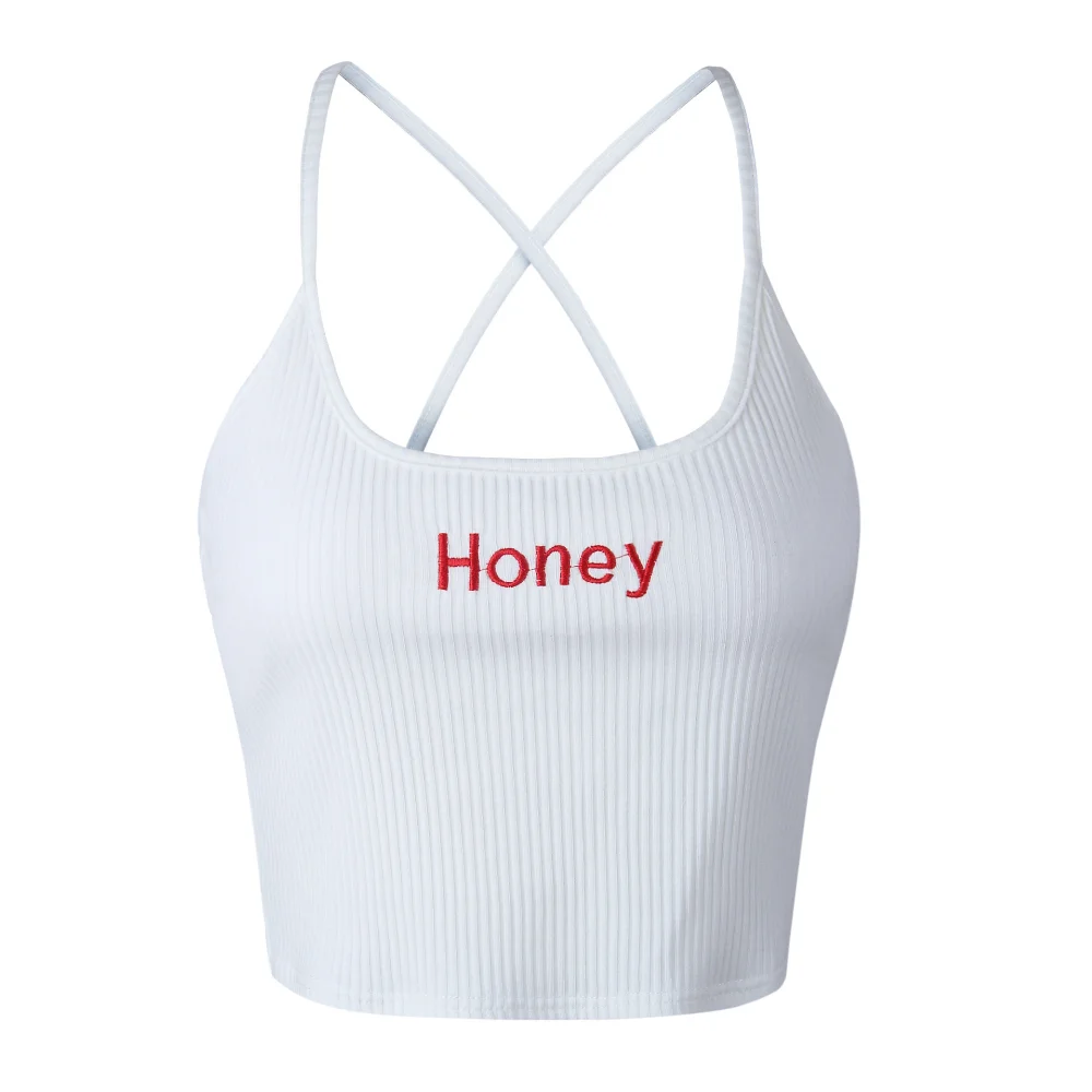 Сексуальный женский укороченный топ с надписью «honey» и вышивкой, летние топы на бретелях, милые женские эластичные топы-майки