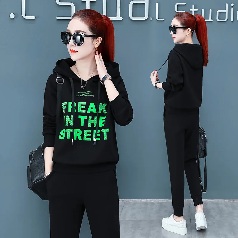 

Autumn Two Piece Set Women Tracksuit Letter Print Hooded Sweatshirt Top And Pants Suit Female Casual 2pcs Outfits Sporting Suits