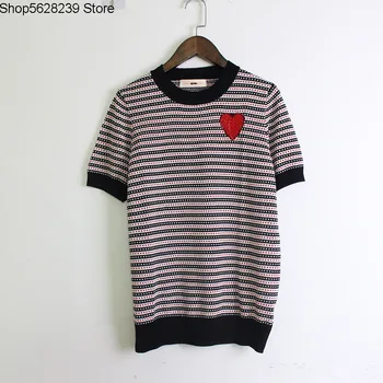 

Soft Comfortable Joker Tencel Silk Love Hot Drilling Stripes Short Sleeve Pullover Knitting Shirt Slim Fit Knitting T Shirt