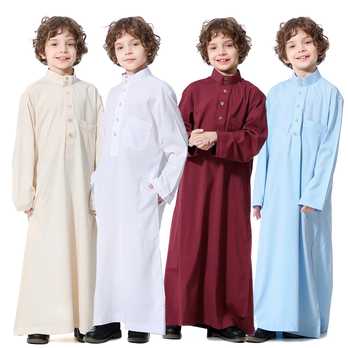 kewing Boys Muslim Thobe Long Sleeves Round Collar Zipper Robe Arab Islamic Dubai Dress 