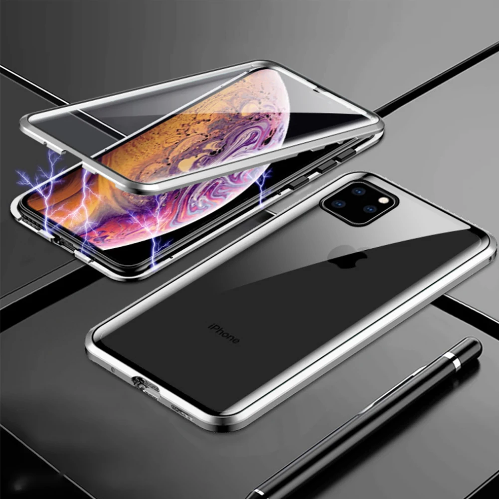 Silver color Магнитное закаленное стекло чехол для samsung S10 5G поддержка беспроводной зарядки Capa для iPhone 11 Pro Max двусторонний чехол - Цвет: Silver color