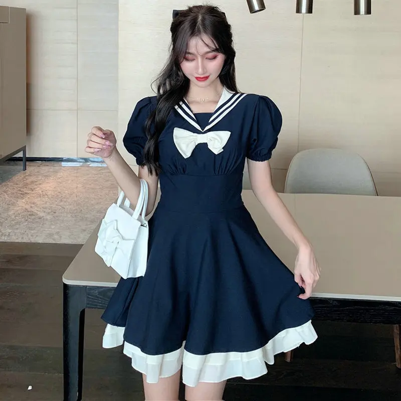 

Girls Summer Blue Dresses Navy wind Stripe Sailor Collar Puff Short Sleeve White Bow Knot Design Empire One Piece Dress Woman