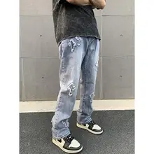 EukaaKa ropa de calle holgada para hombre y mujer, pantalones vaqueros holgados de estilo hip hop cruzado, estilo Boyfriend