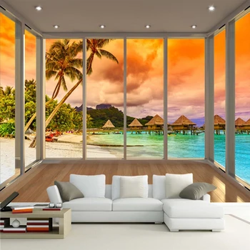 

Custom 3D Mural Wallpaper Modern Beautiful Window Balcony Beach Seascape Nature Scenery Wall Painting Restaurant Hotel Wallpaper