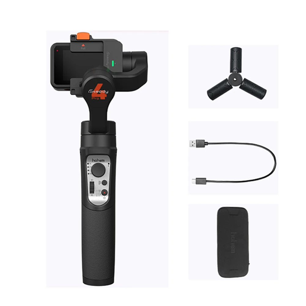 Gimbal Hohem iSteady Pro 4 vert avec téléphone en mode paysage, bras articulés visibles