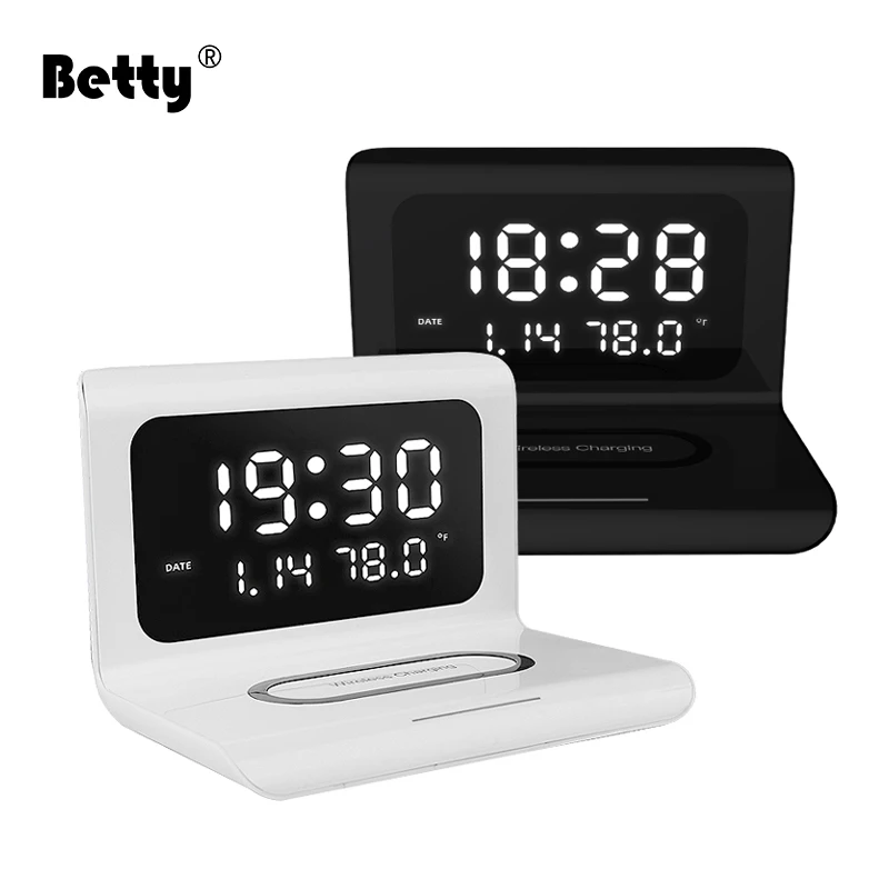 Betty LED electronic alarm clock wireless charger with mirror clock 12/24H temperature date phone holder wireless charging stand
