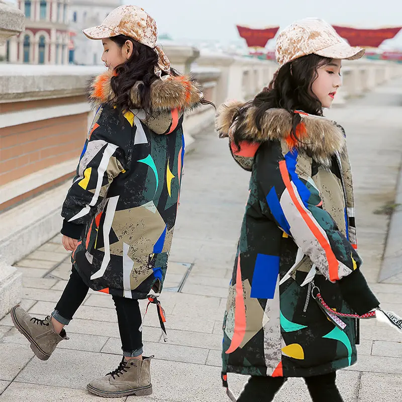 

2019 New Girls fashion Winter down duck Fur Coat jackets Warm parka Children Baby Clothes Kids Thicken Plus Velvet clothing -30