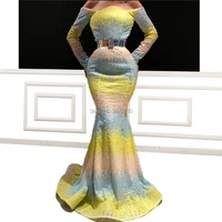 Блестящее вечернее платье Русалка с открытыми плечами, длинные рукава, с блестками, длина до пола, вырез лодочкой, вечернее женское платье