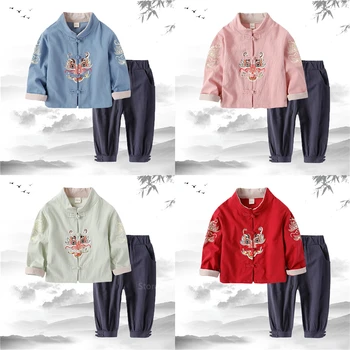 

4 Colors Chinese Style Traditional Clothing Tang Suit Baby Boy Girl New Year Dragon Pattern Printed Kids Linen Top Pants Set